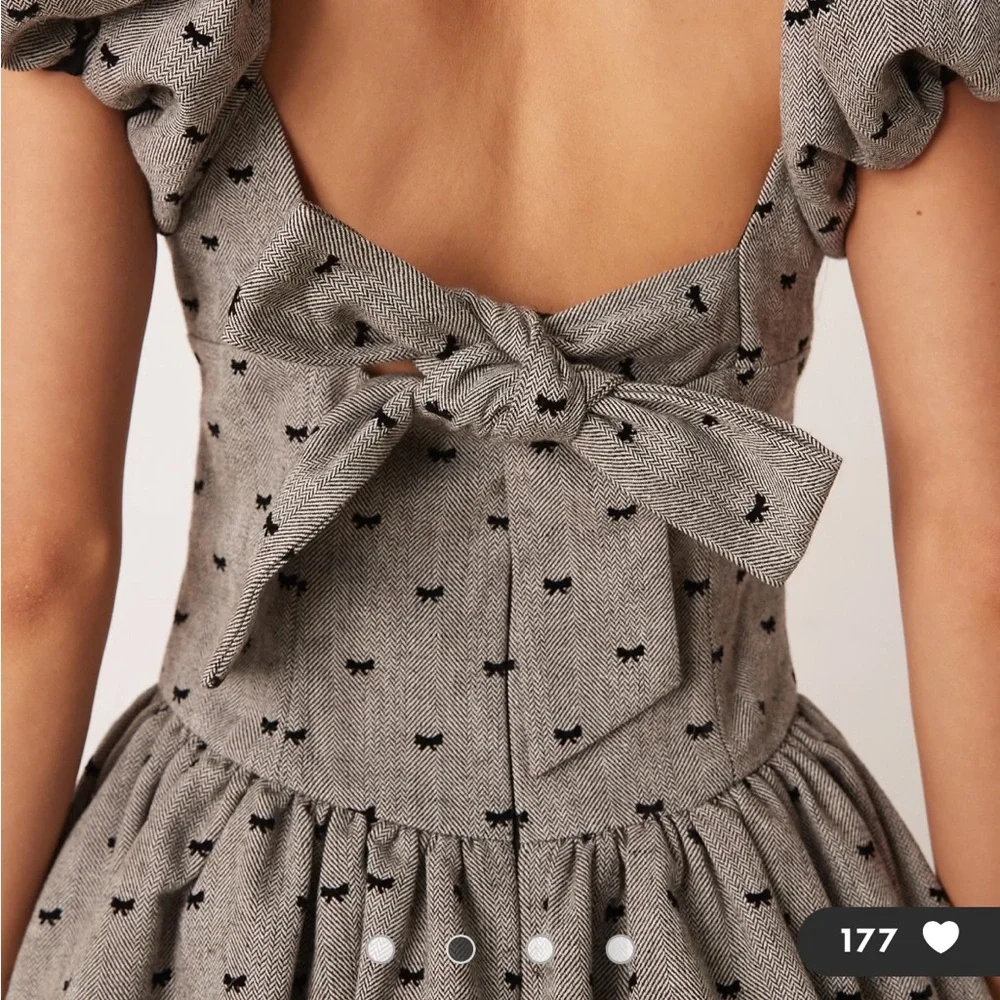 For Love And Lemons Dress Twill Bow Print Drop Waisted Mini in Grey - Picture 3 of 7